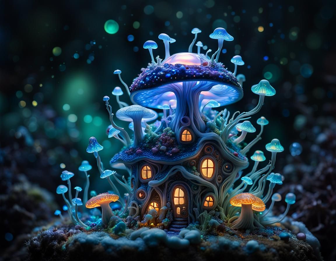 Bioluminescent Mushroom Home with Crystals and Gems