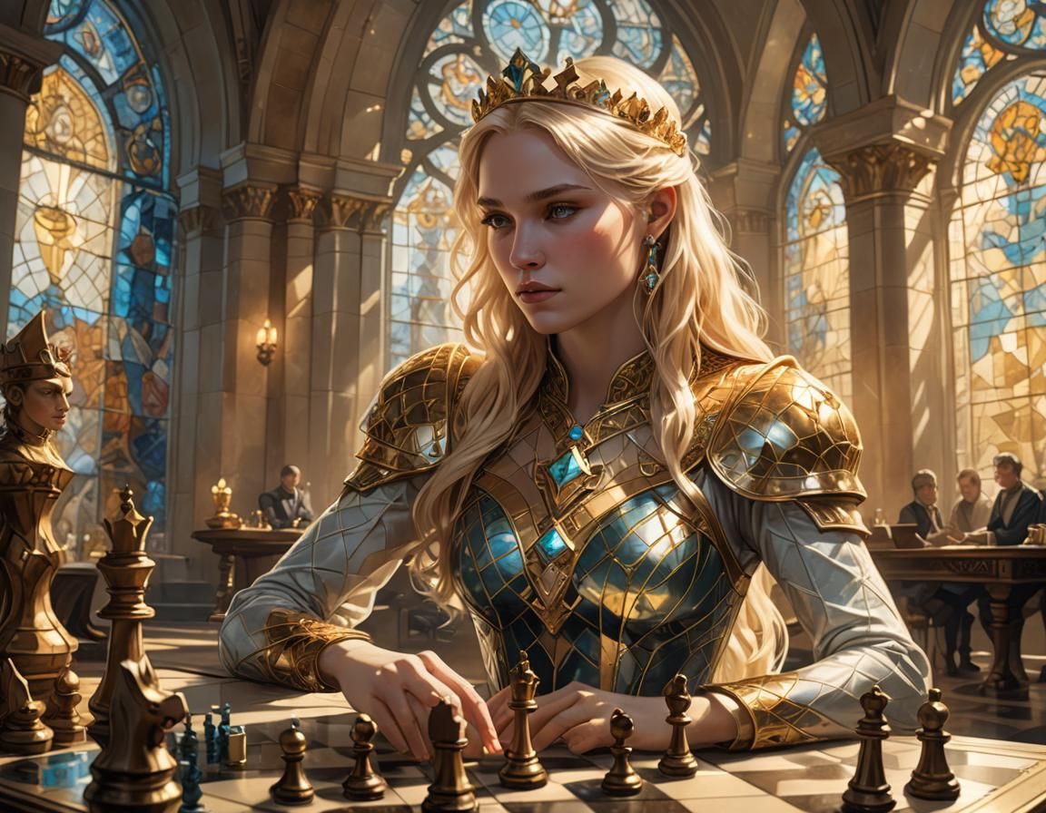Blonde Queen Playing Chess in Golden Vault