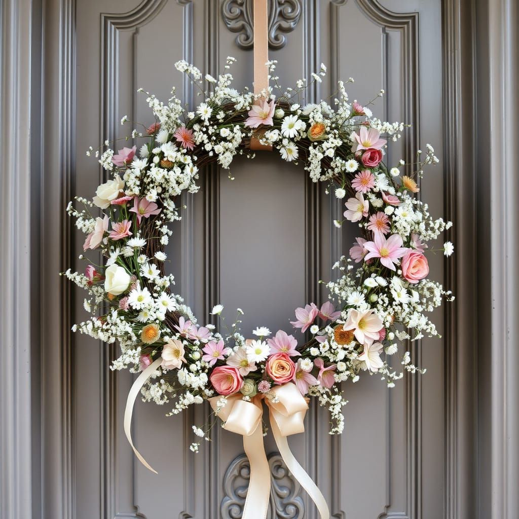 Whimsical Pastel Wreath Adorns Elegant Door