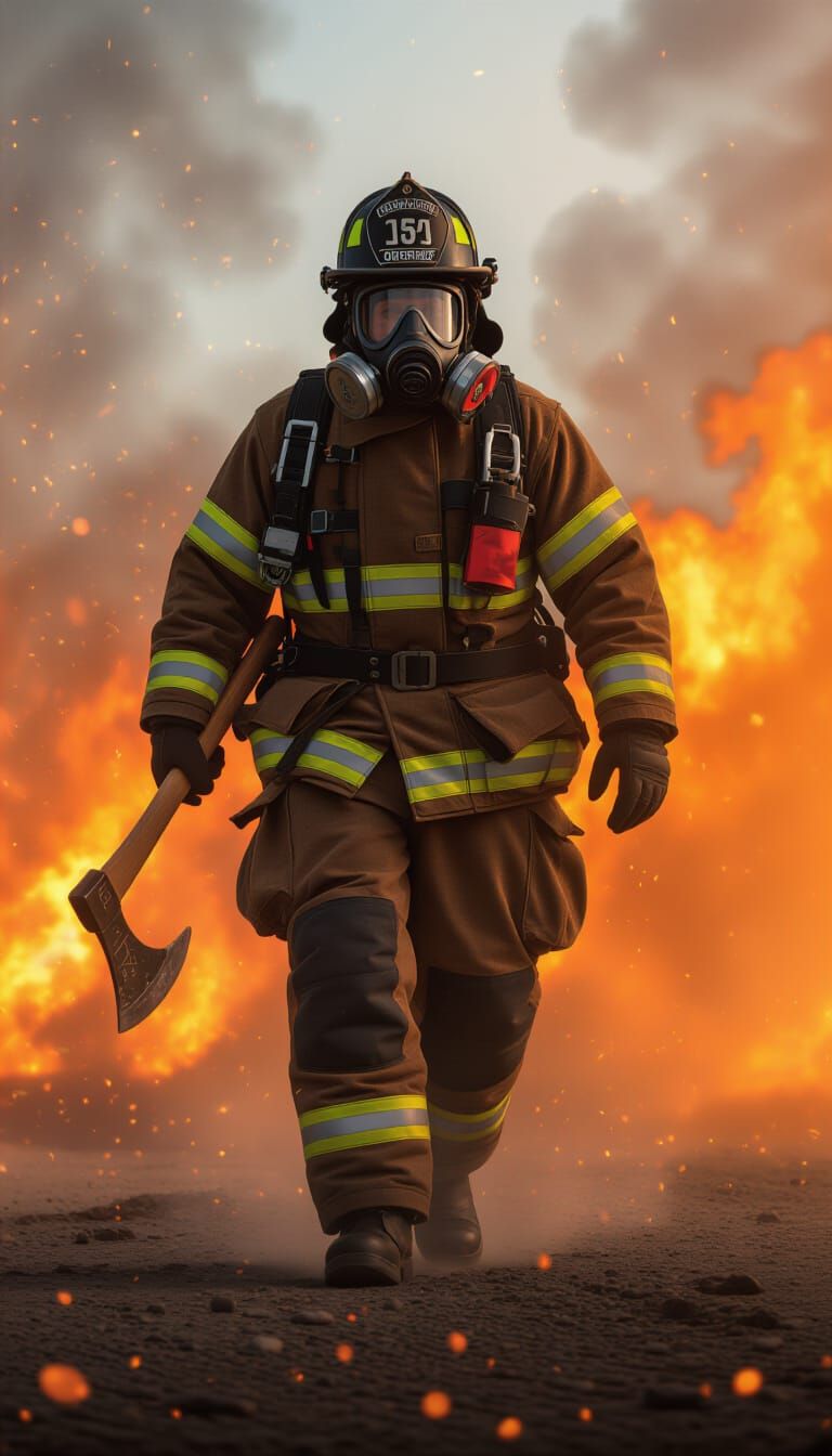 Firefighter in Full Gear Against Fiery Background