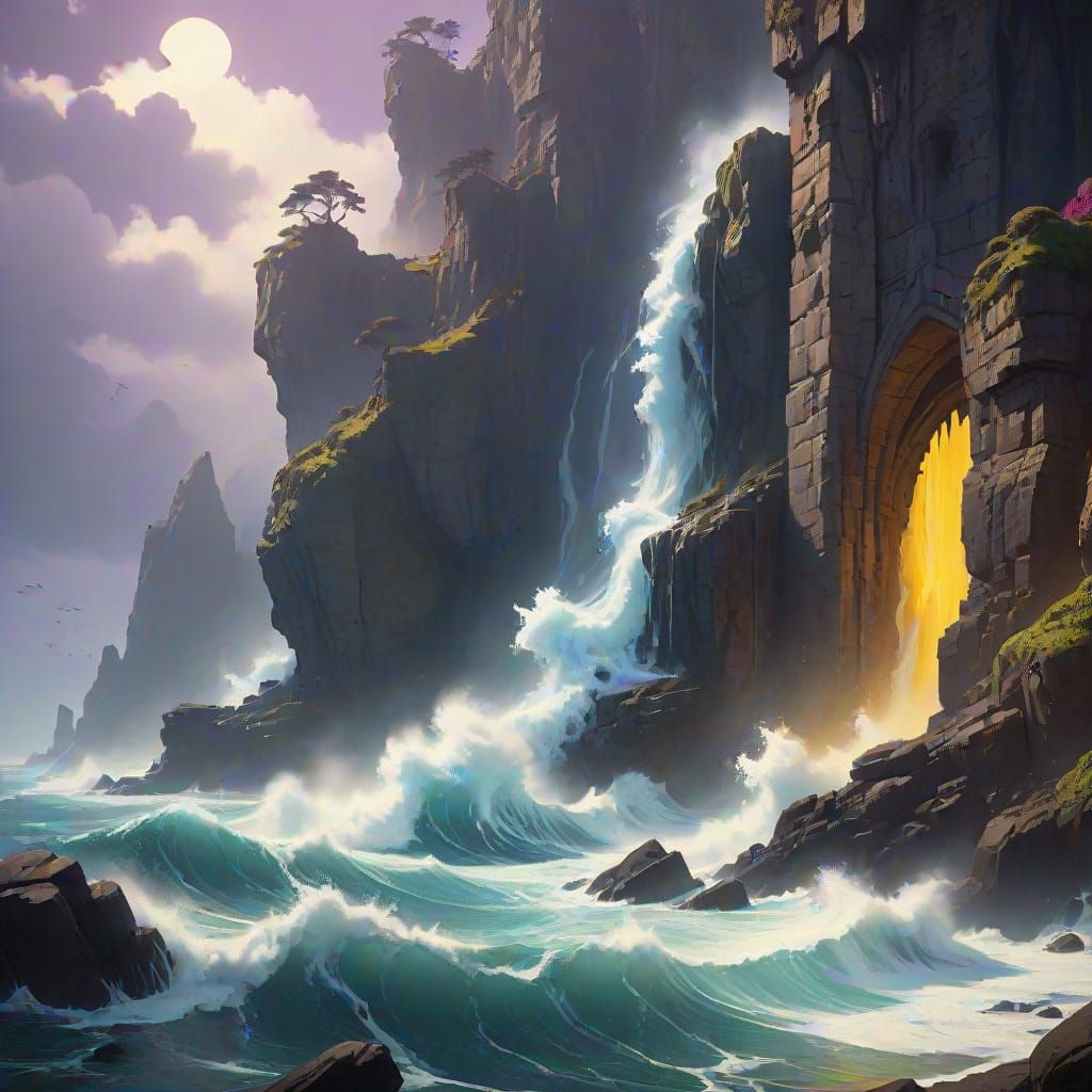Dark Fantasy Sea Cliffs in Art Nouveau Style
