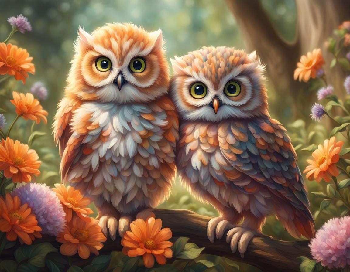 Owl Chick and Kitten Kiss in Flower Garden