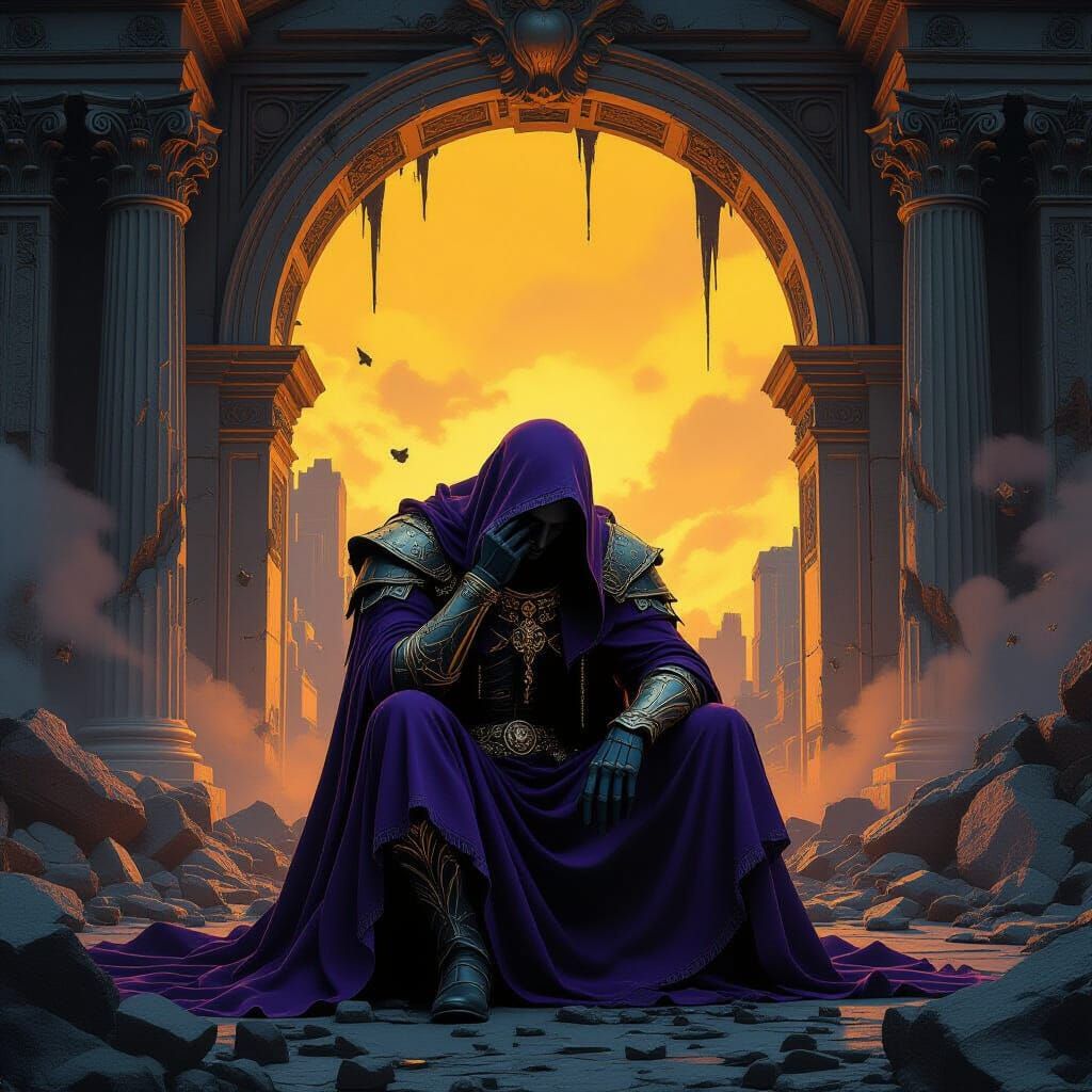 Regal Figure's Sorrow Amidst Neoclassical Destruction