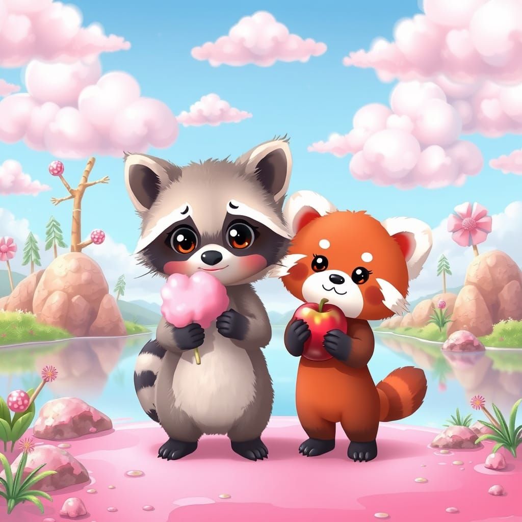 Whimsical Kawaii Wonderland with Anime Raccoon and Red Panda
