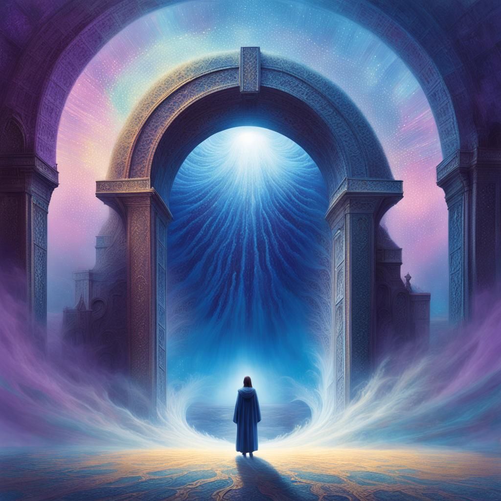 Mystical Being Drifting Through Shimmering Portal