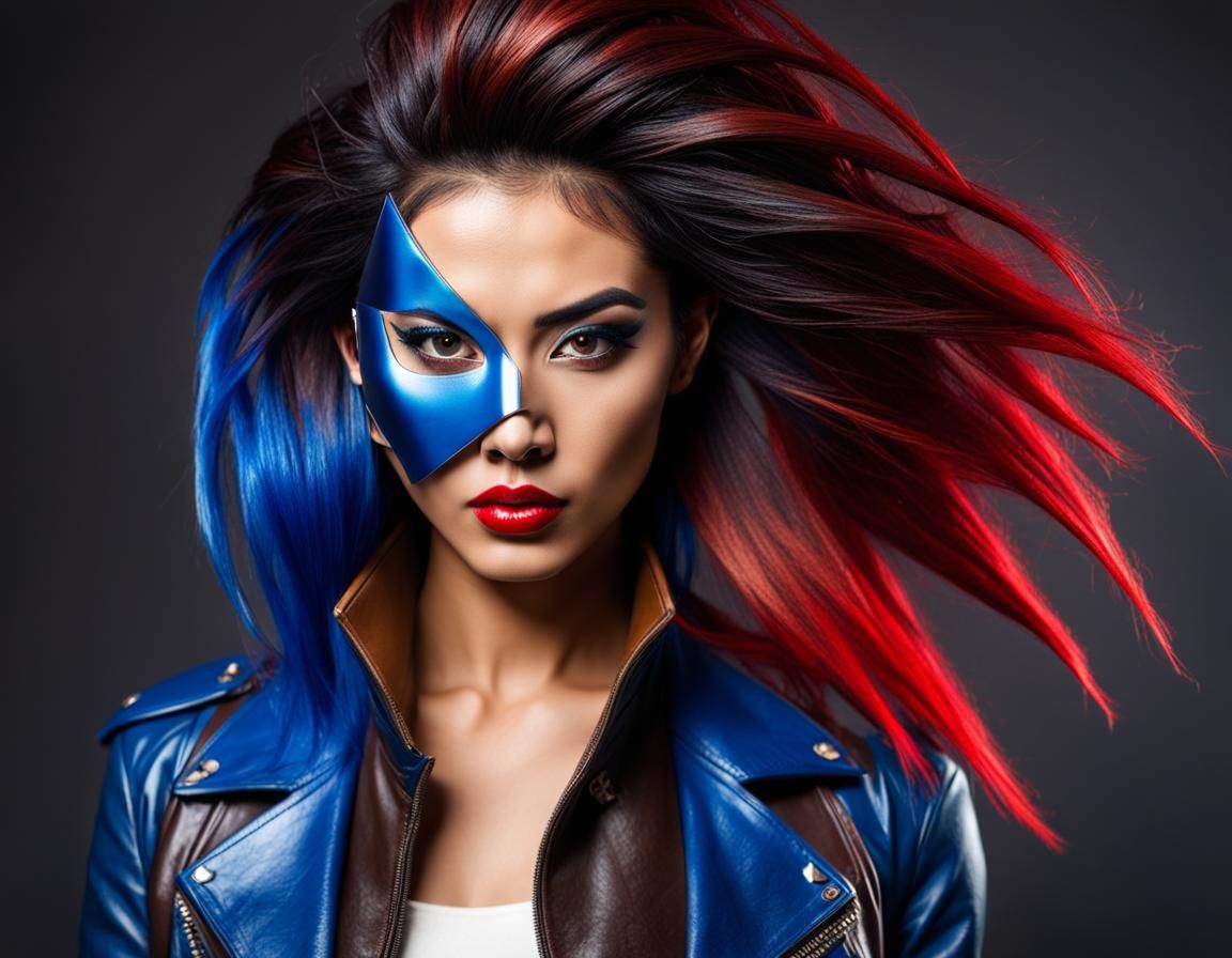 Beautiful Asian Woman in Leather with Vibrant Makeup