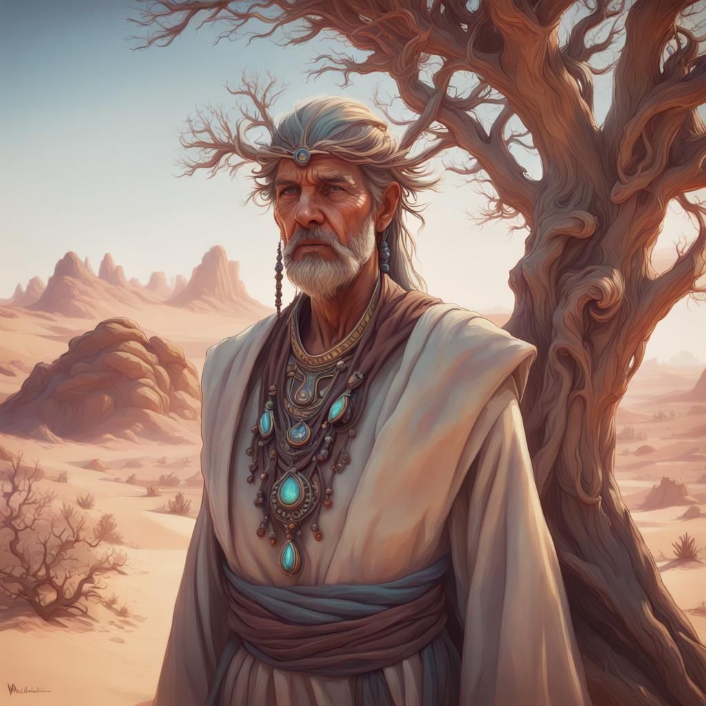 Wise Tree Spirit in Desert, Hyperdetailed Portrait