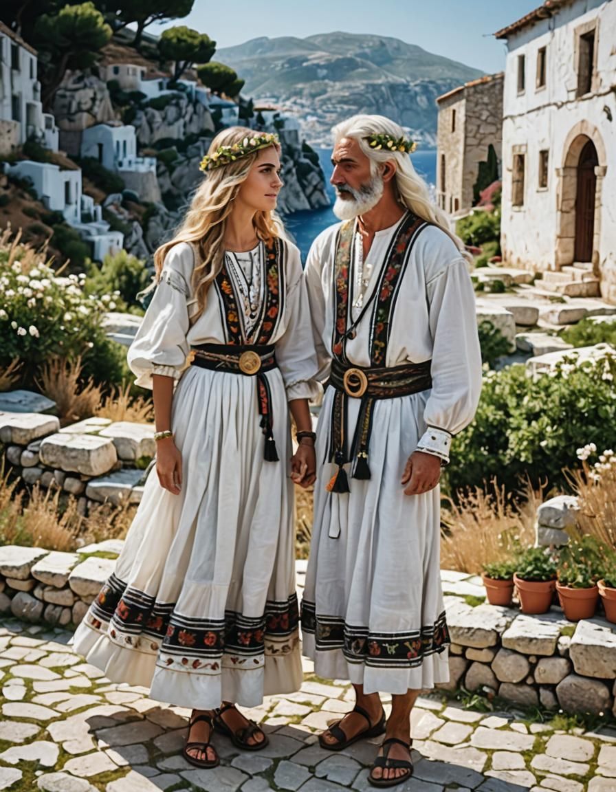Couple with Long White Hair in Greek Traditional Clothing