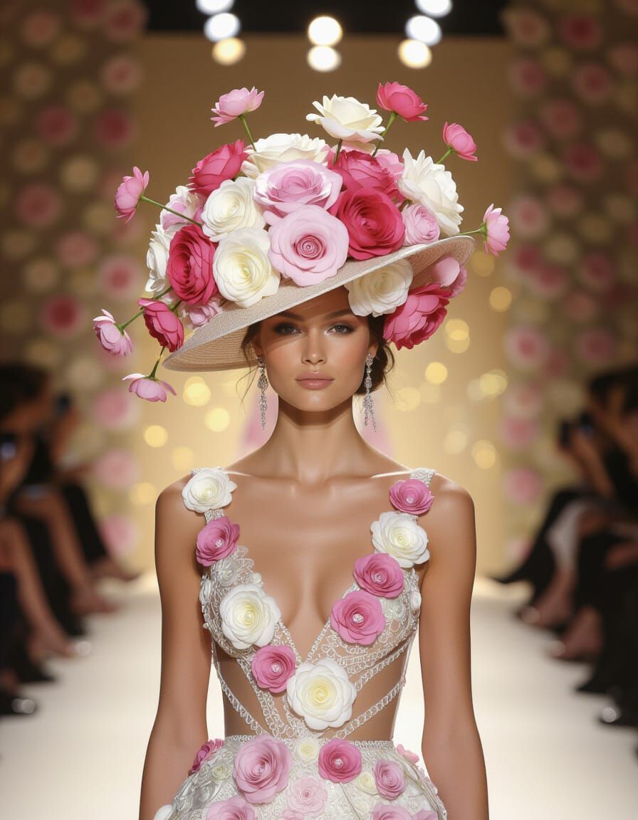 Elegant Model in Floral Couture Hat on Runway