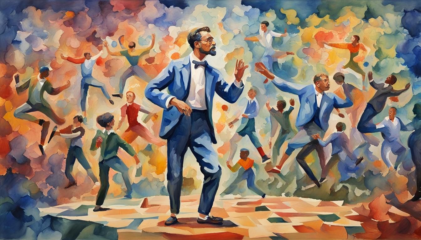 Interconnected Figures in Gouache Style