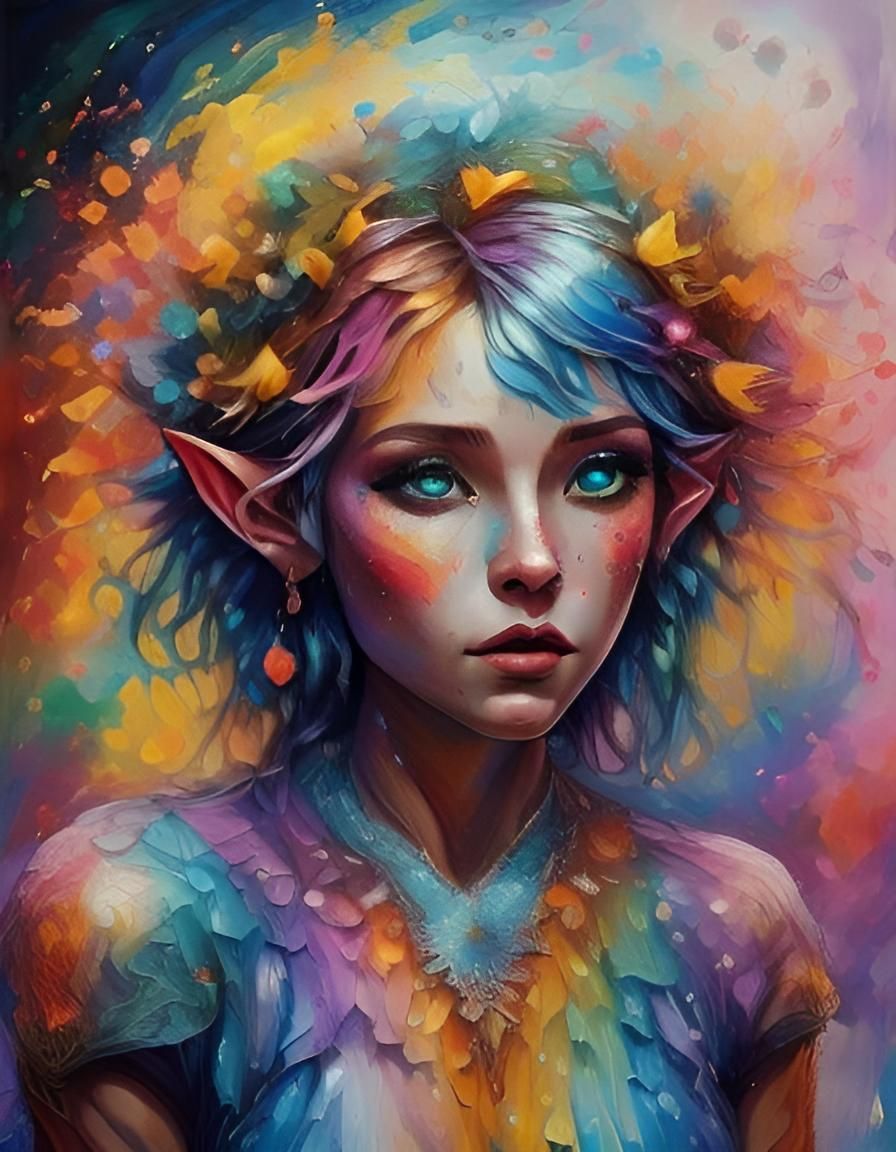 Rainbow Elf Portrait in Neo-Impressionist Style