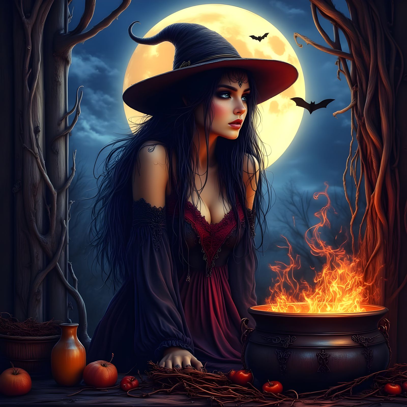 Witch Stirring Cauldron Under Glowing Moon