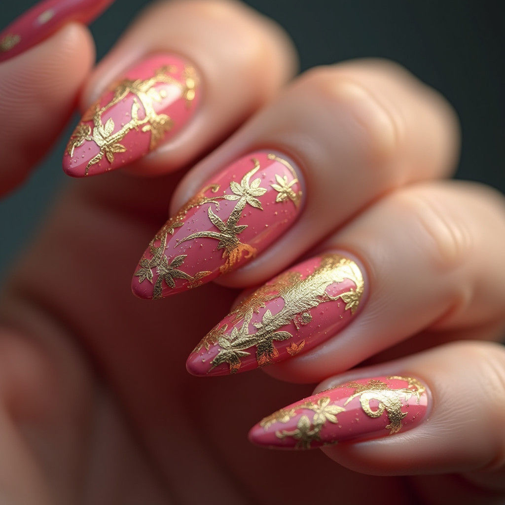 Stiletto Nails with 3D Foliage in Gold and Pink