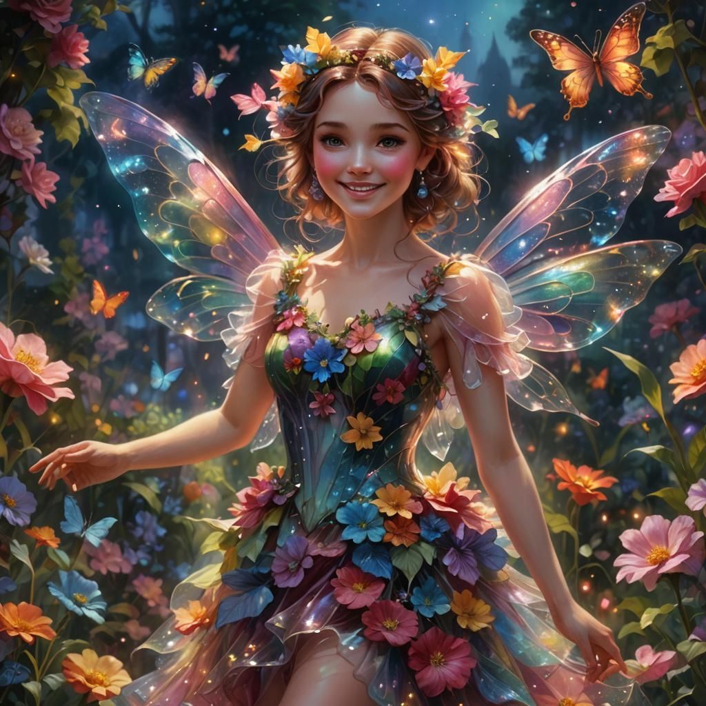 Smiling Fairy in Floral Night Garden