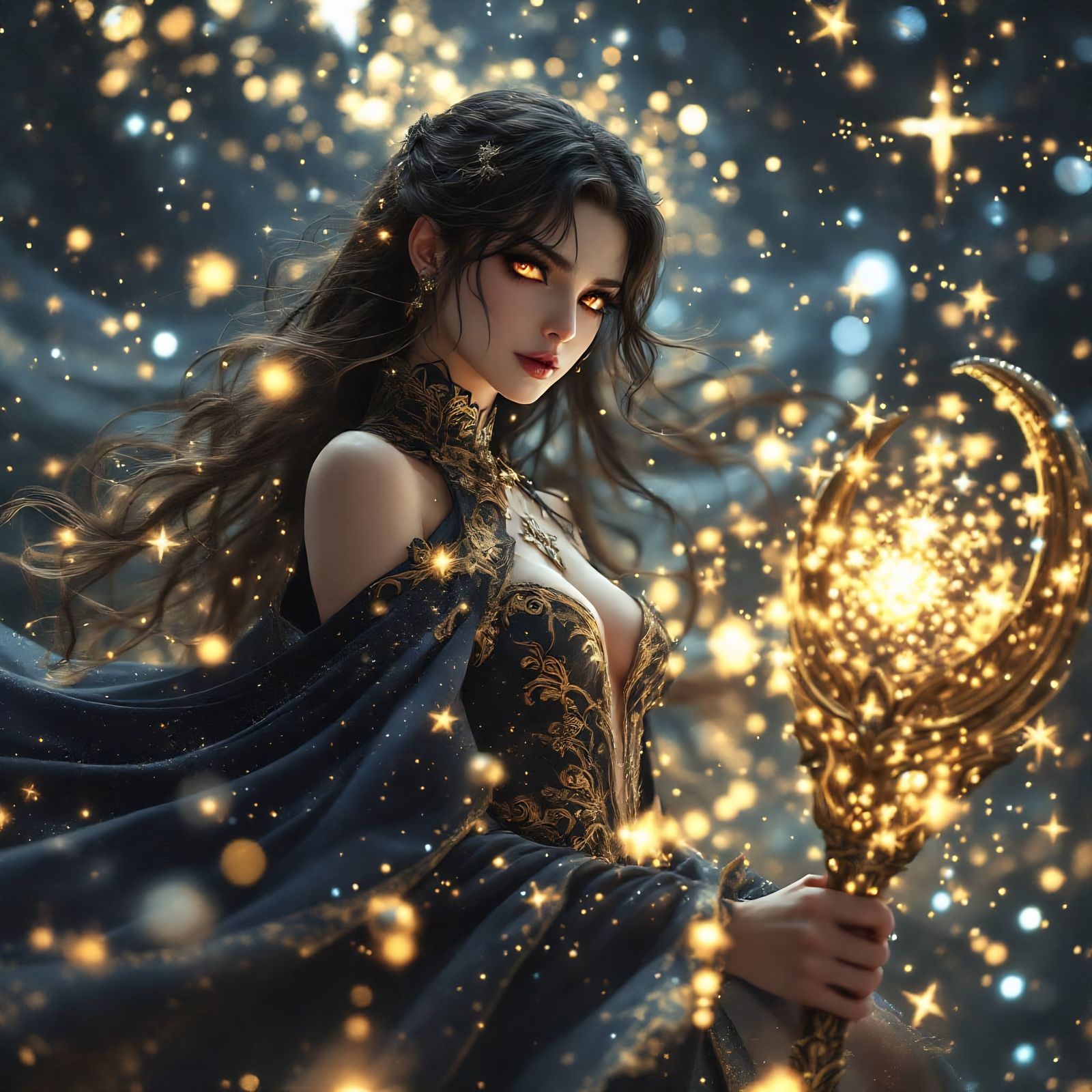 Astral-Punk Sorceress with Stardust Cape and Magic Staff