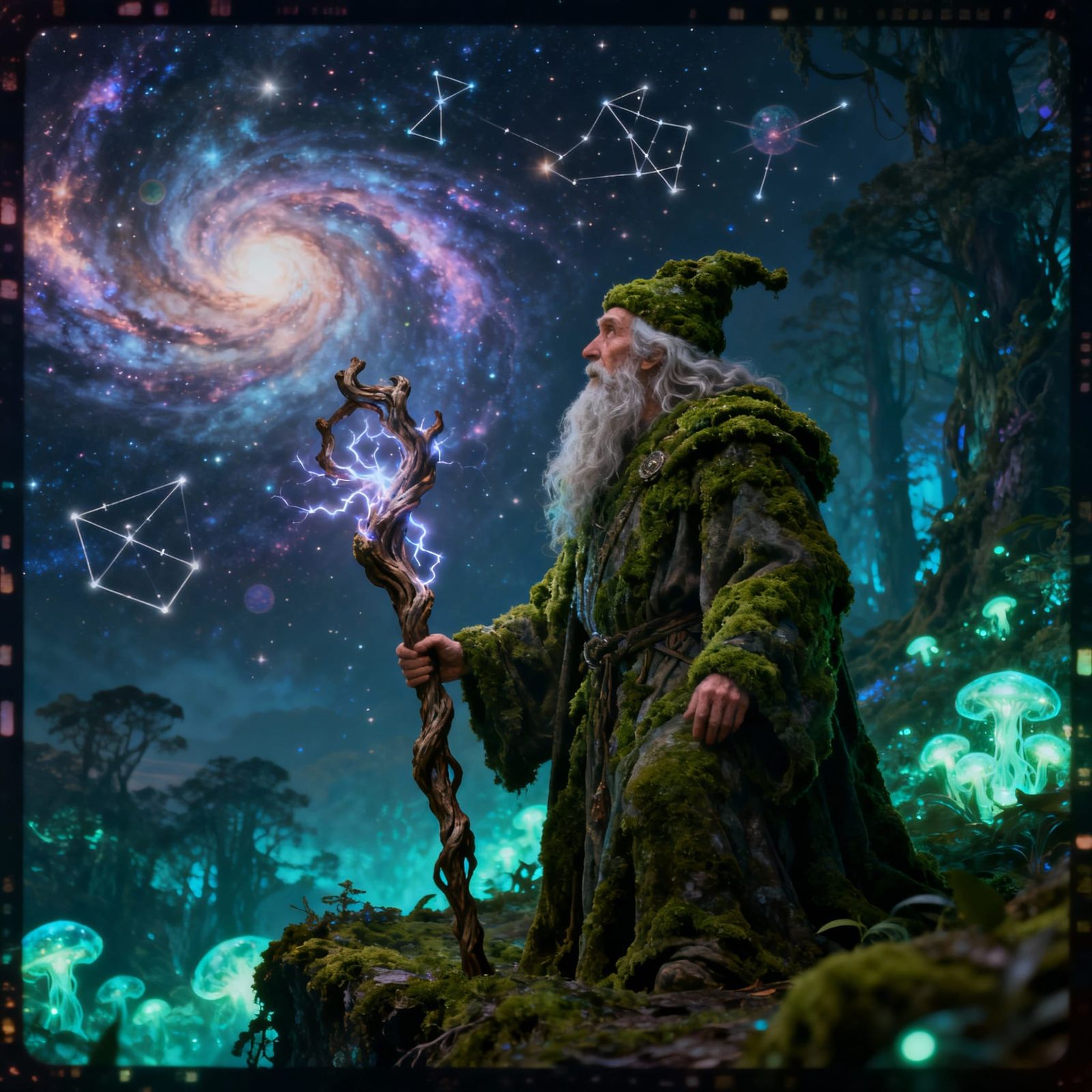 Ancient Wizard in Bioluminescent Forest Under Alien Sky