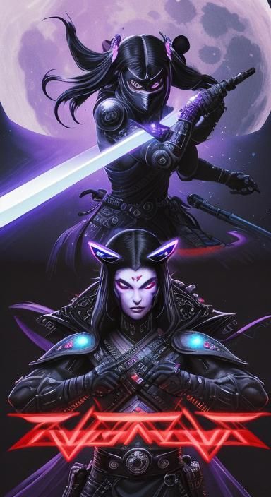 Cyberpunk Raccoon Ninja Waving Sword on Moon