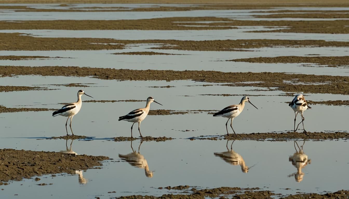 Avocets Foraging on Mudflat in Bright Sunlight