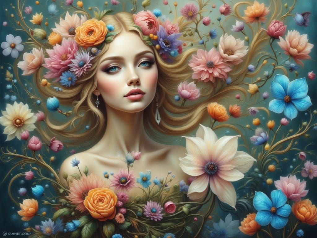 Fantasy Portrait of Woman with Floral Hair