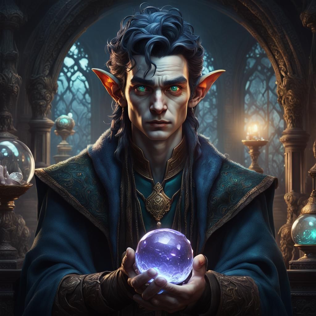 Elf Wizard with Crystal Ball, Detailed Matte Painting