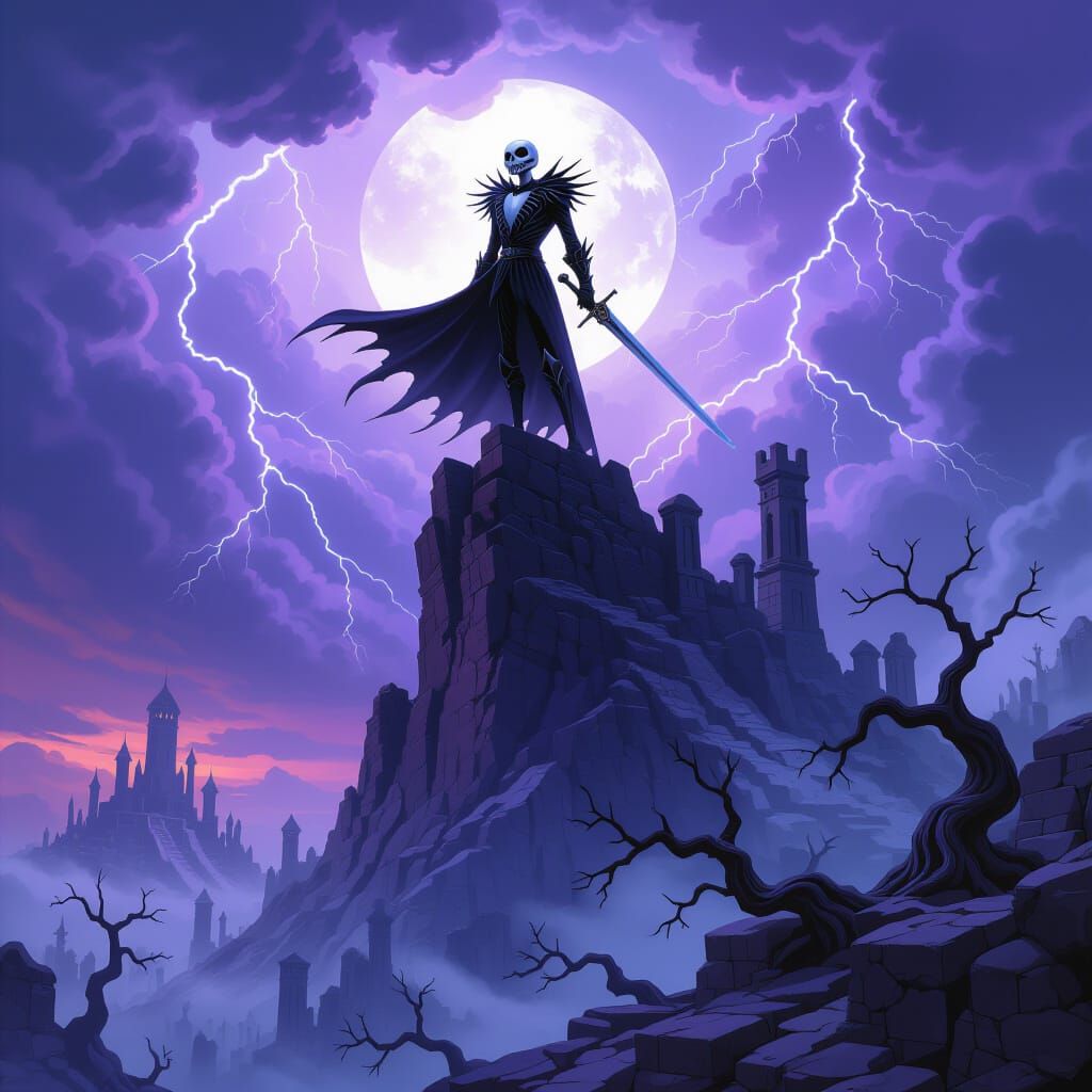 Spectral Knight Jack Skellington on Stormy Mountain Peak