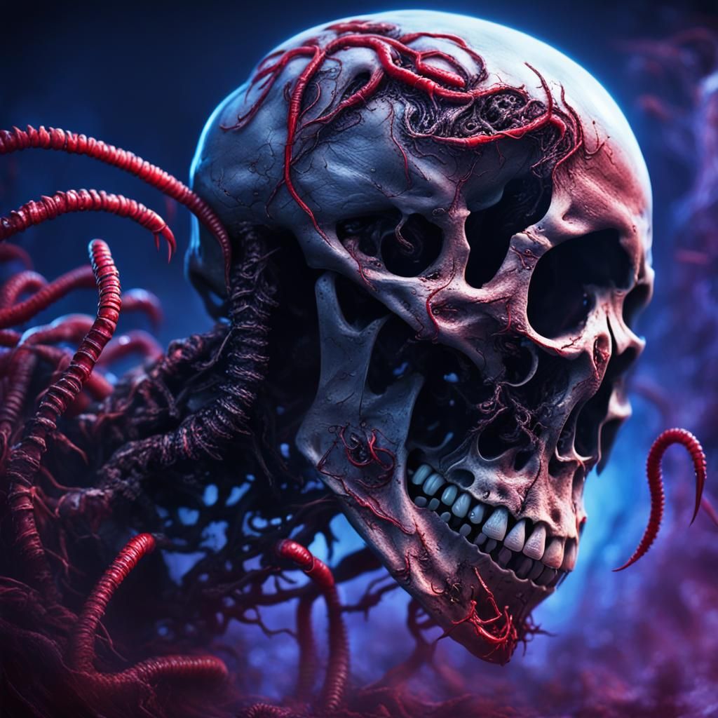 Hyper-Realistic Worm Skull Horror Concept Art