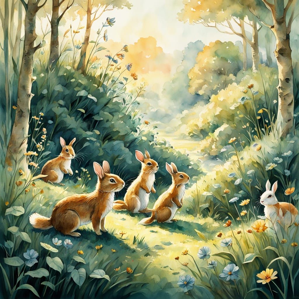 Whimsical Watercolor Scene of Animal Friends in a Lush Meado...