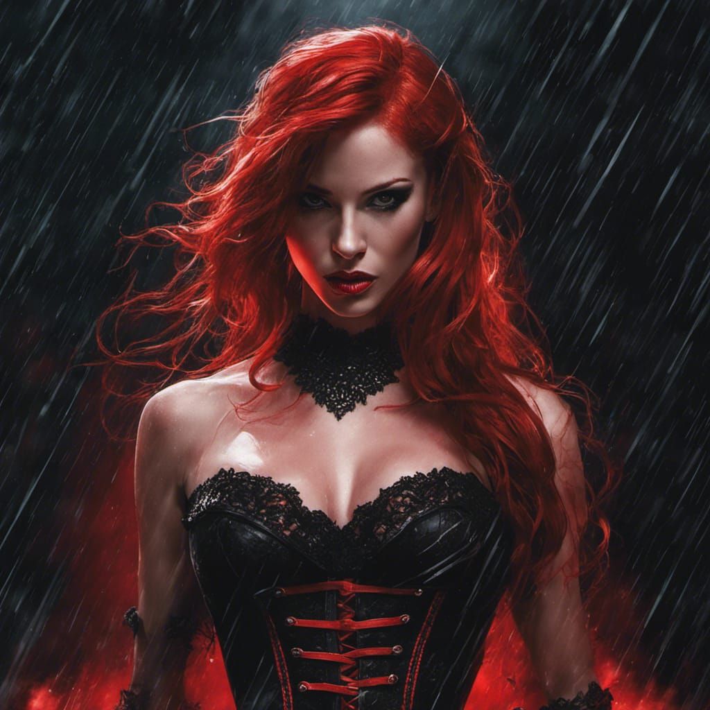 Furious Vampire in Rainstorm with Lightning Strikes