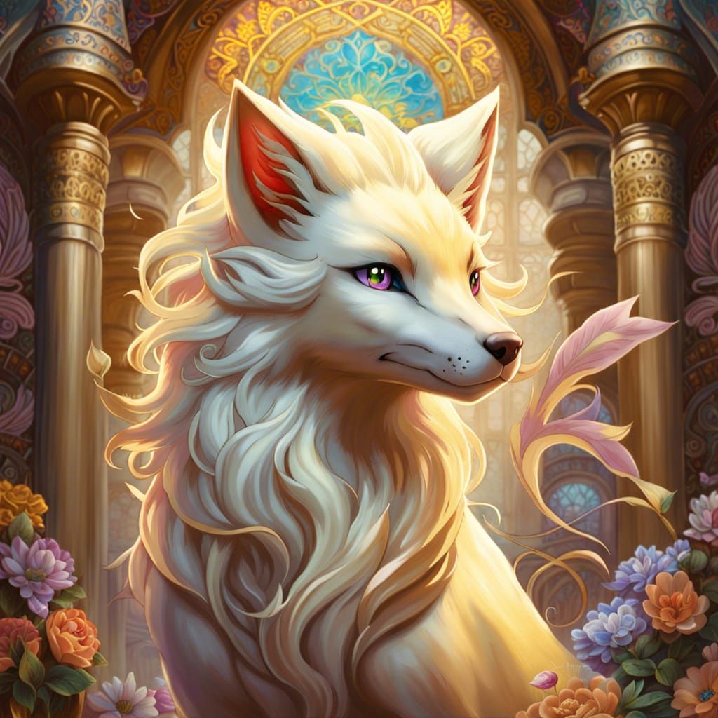 Ornate Fantasy Portrait of the Majestic Pokemon Ninetales in a Beautiful Temple