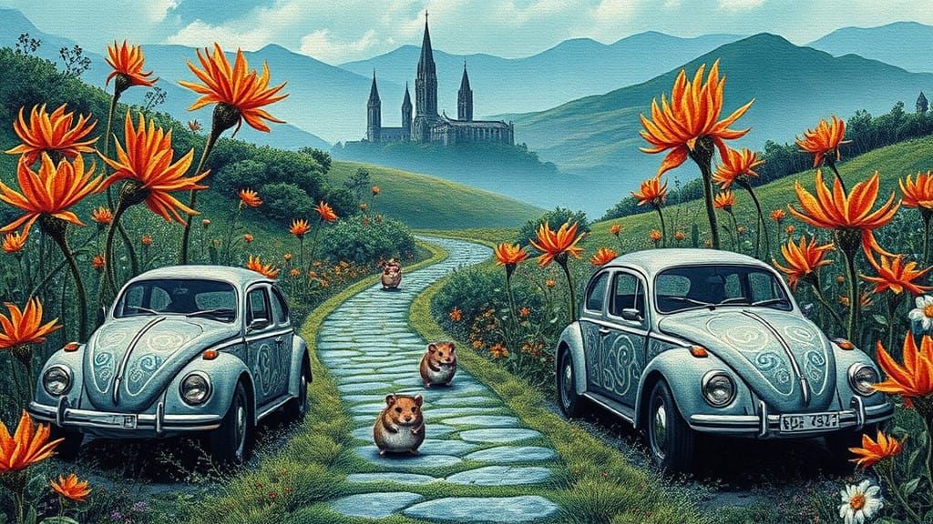 Enchanted Realm with Whimsical Beetles and Hamsters in Cross...