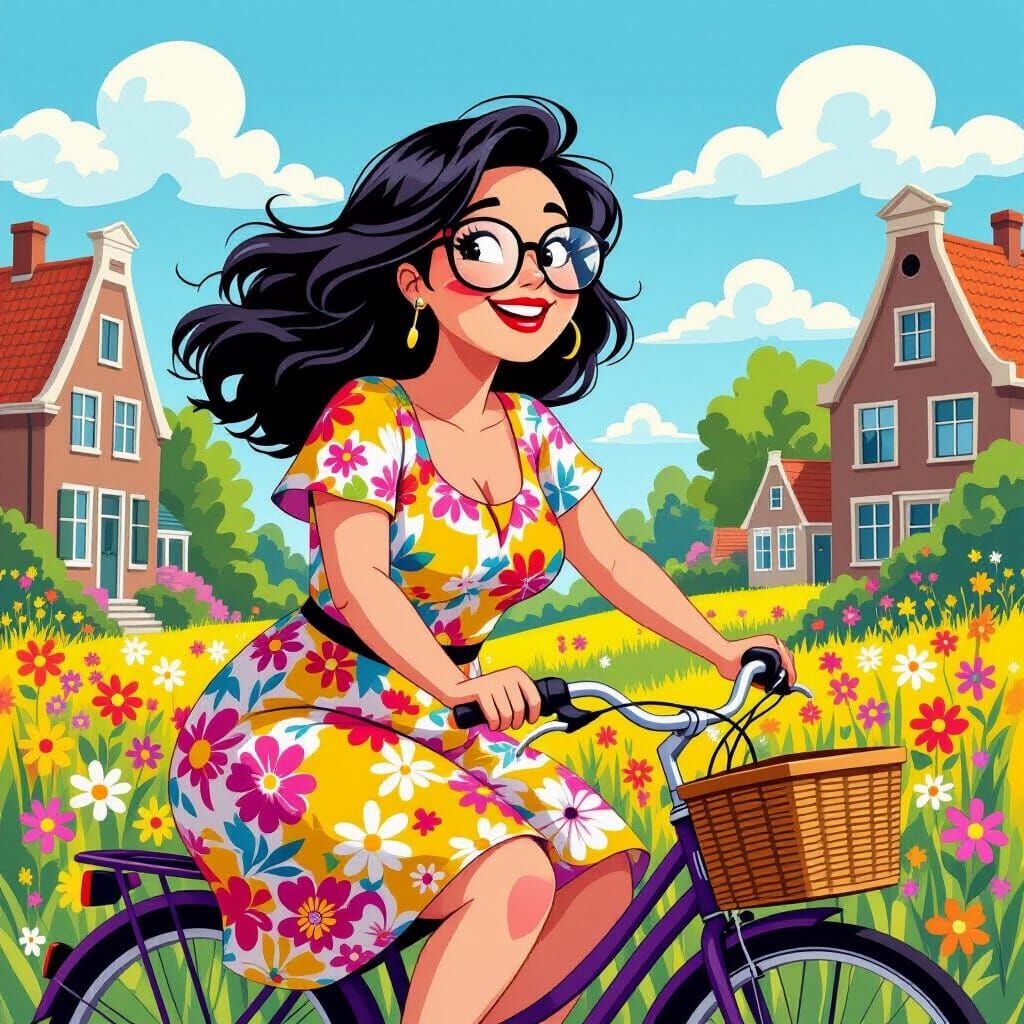 Joyful Woman on Bicycle in Dutch Cartoon Style