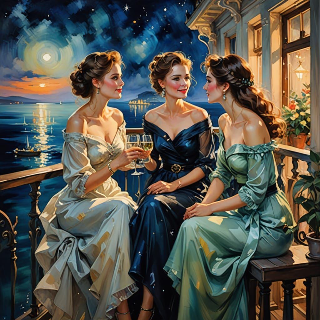 Starry summer night. Beautiful elegant ladies gossiping on a balcony overlooking the Black Sea in the style of Anna Razu...