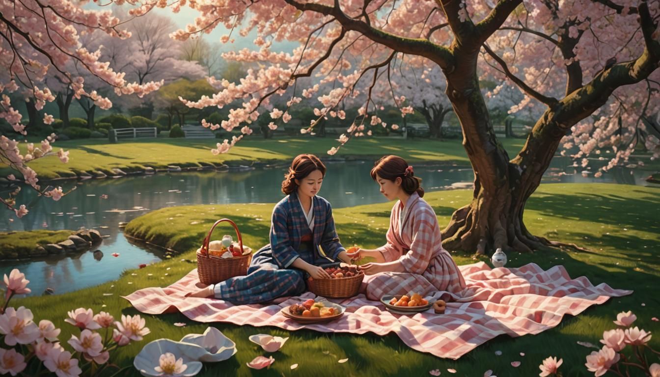 Cherry Blossom Picnic in an Art Nouveau Style