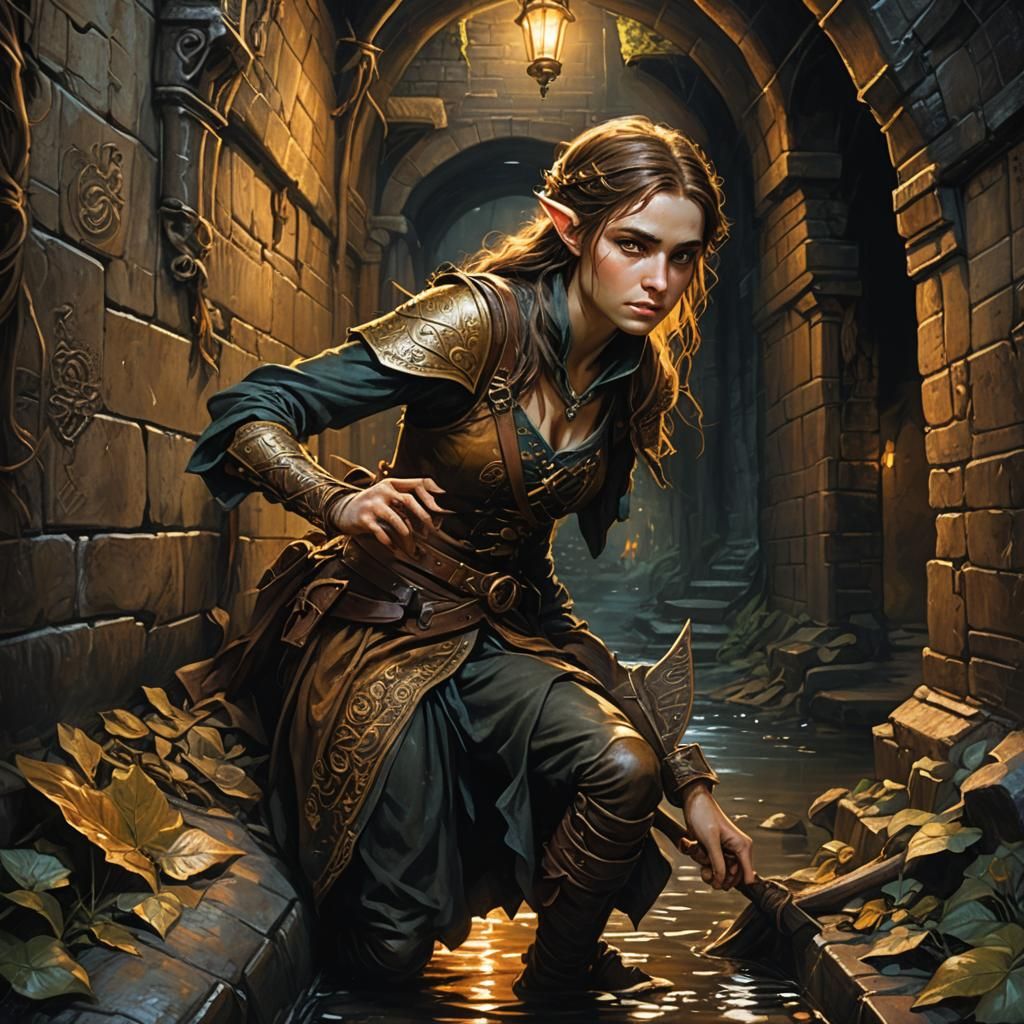 Half-Elf Bard Sneaking Through Sewer, Acrylic Painting