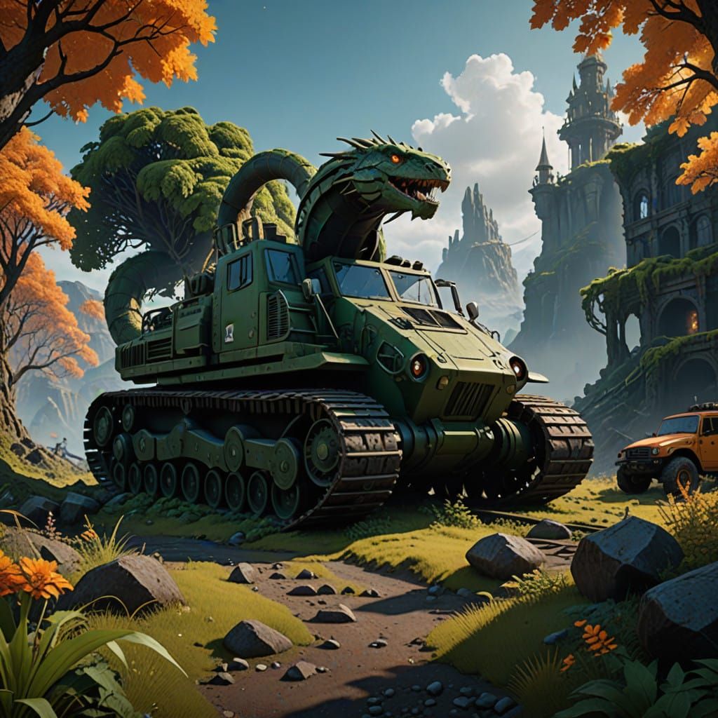 Majestic Serpent Coiled Around Ancient Bulldozer in Ruins