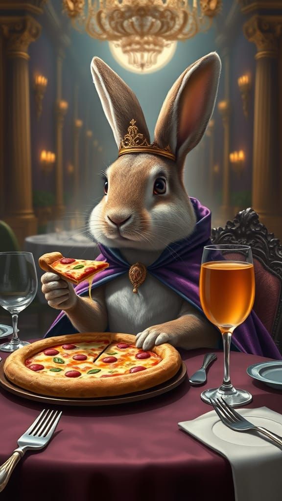 Rabbit King Enjoys Pizza in Dreamlike Banquet