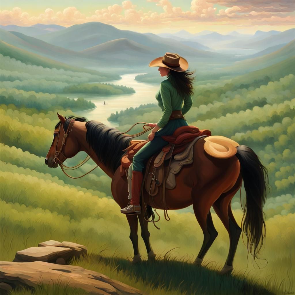 Cowgirl on Horseback in Hudson River School Landscape
