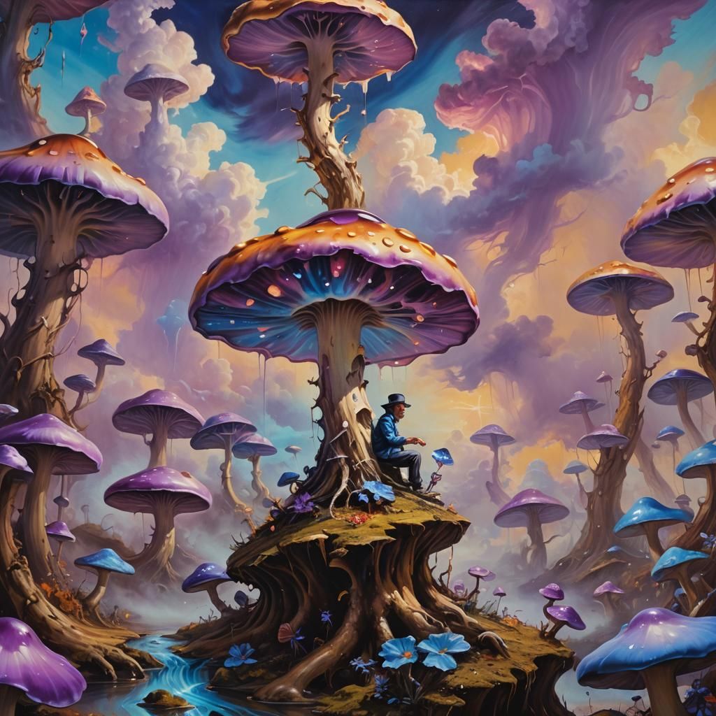 Surreal Mushroom Scene in Salvador Dali Style