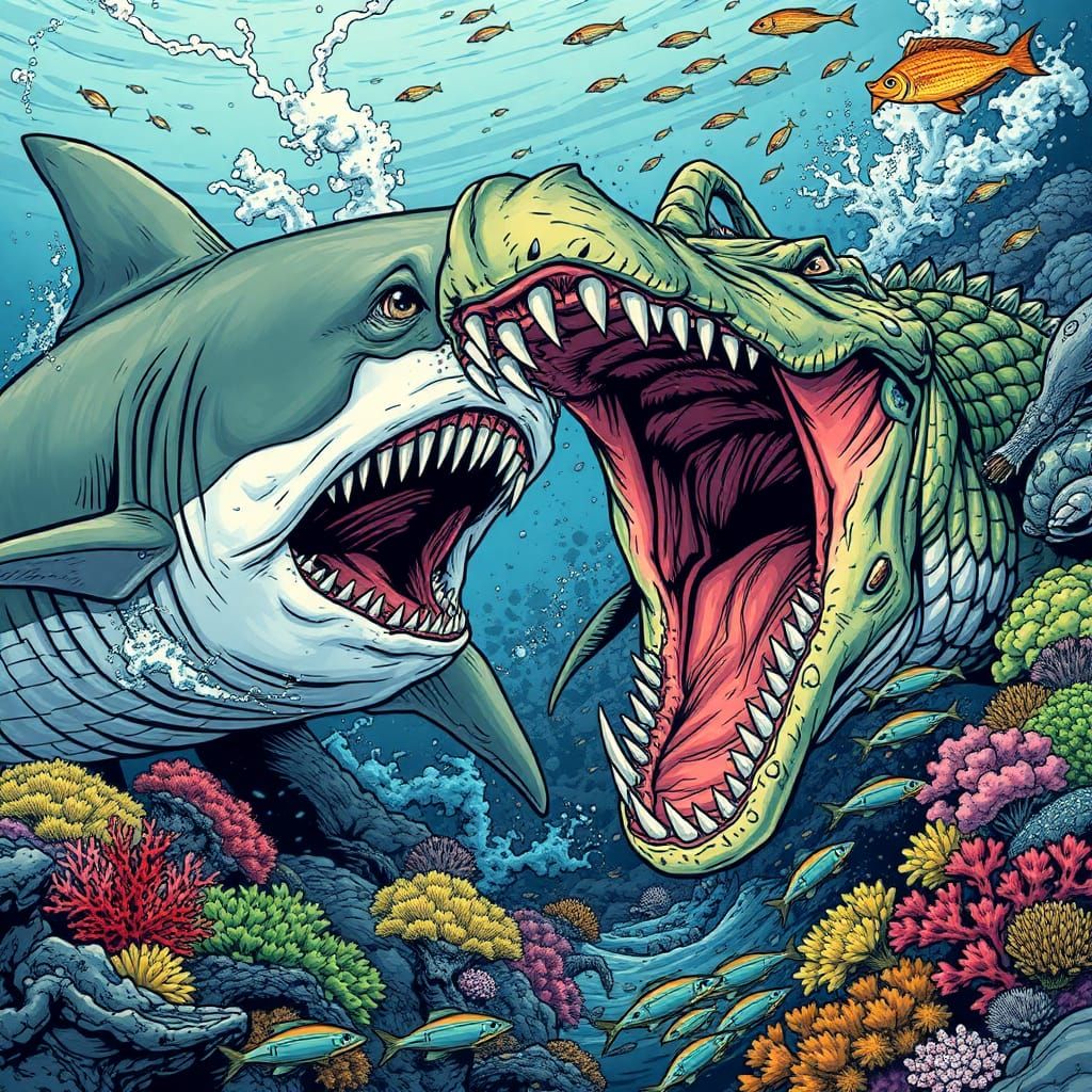 Jaws vs. Mega Croc, colorful comic style by Ian Churchill