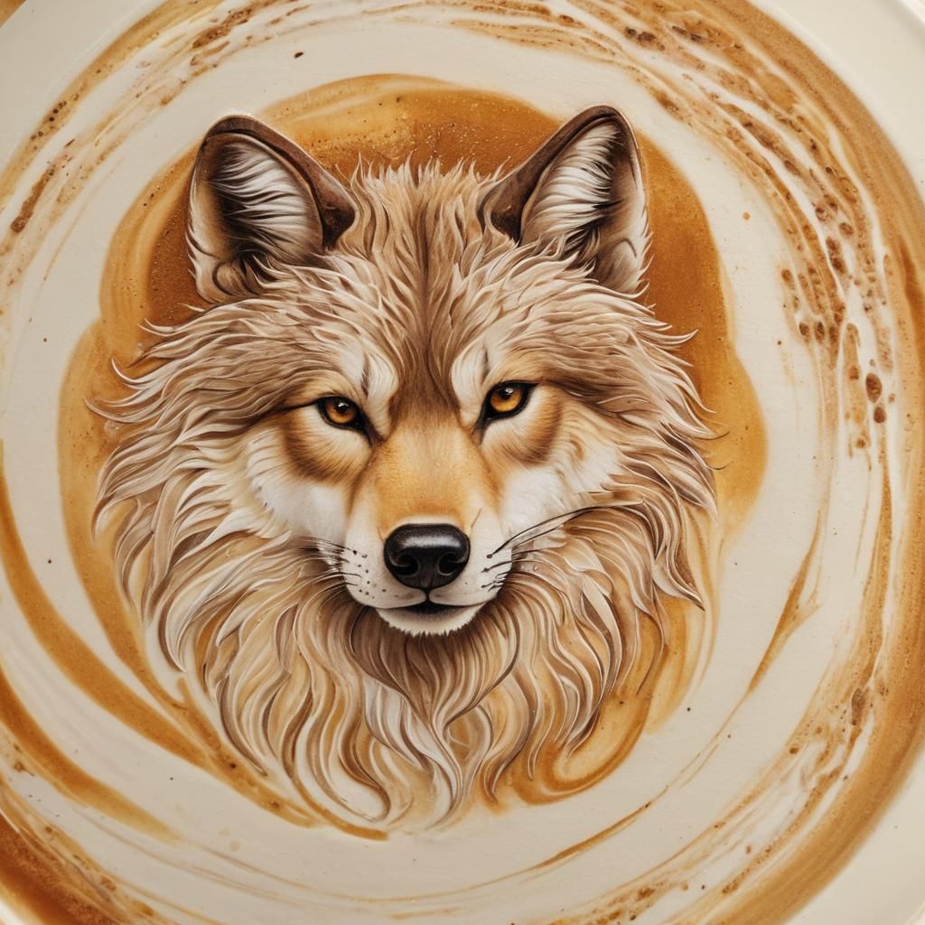Latte Art: Exquisite Wolf Design in Oil Painting Style