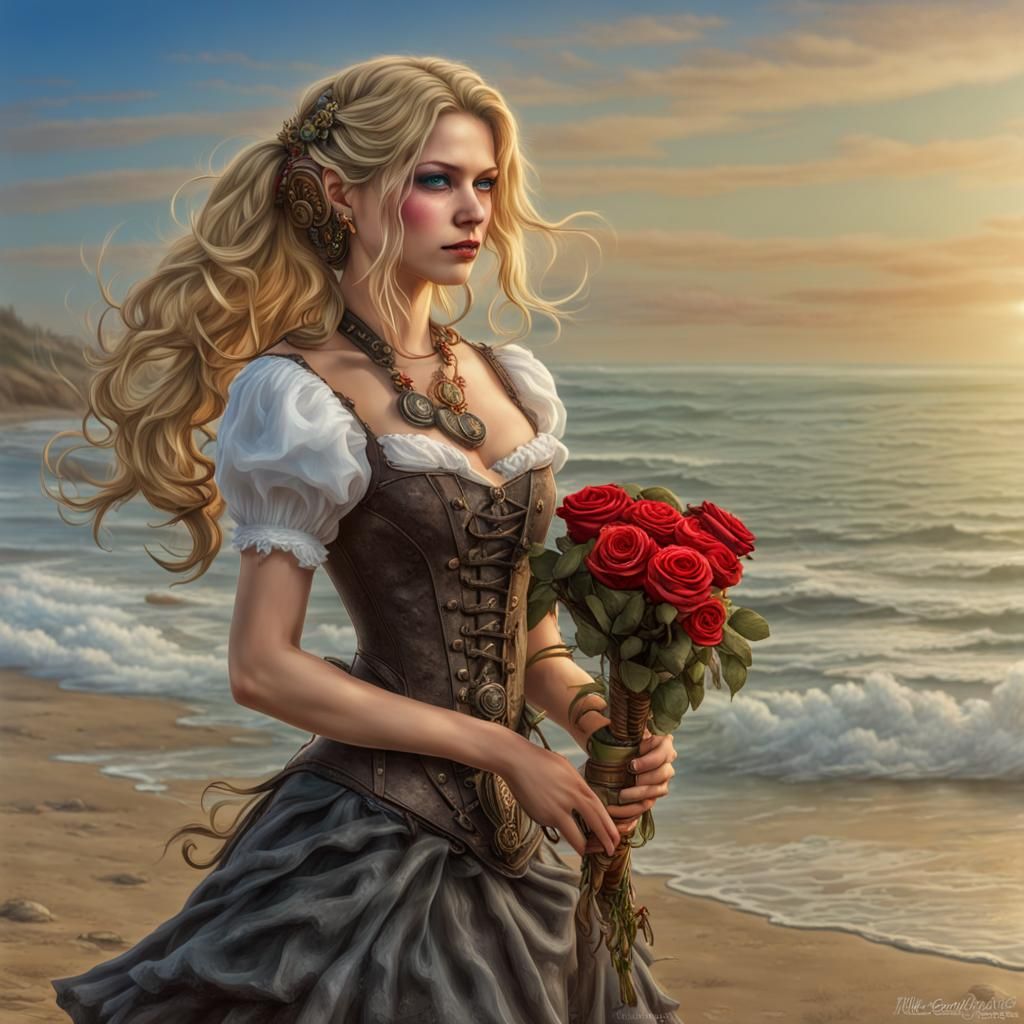 Steampunk Maiden Walking Along Seashore