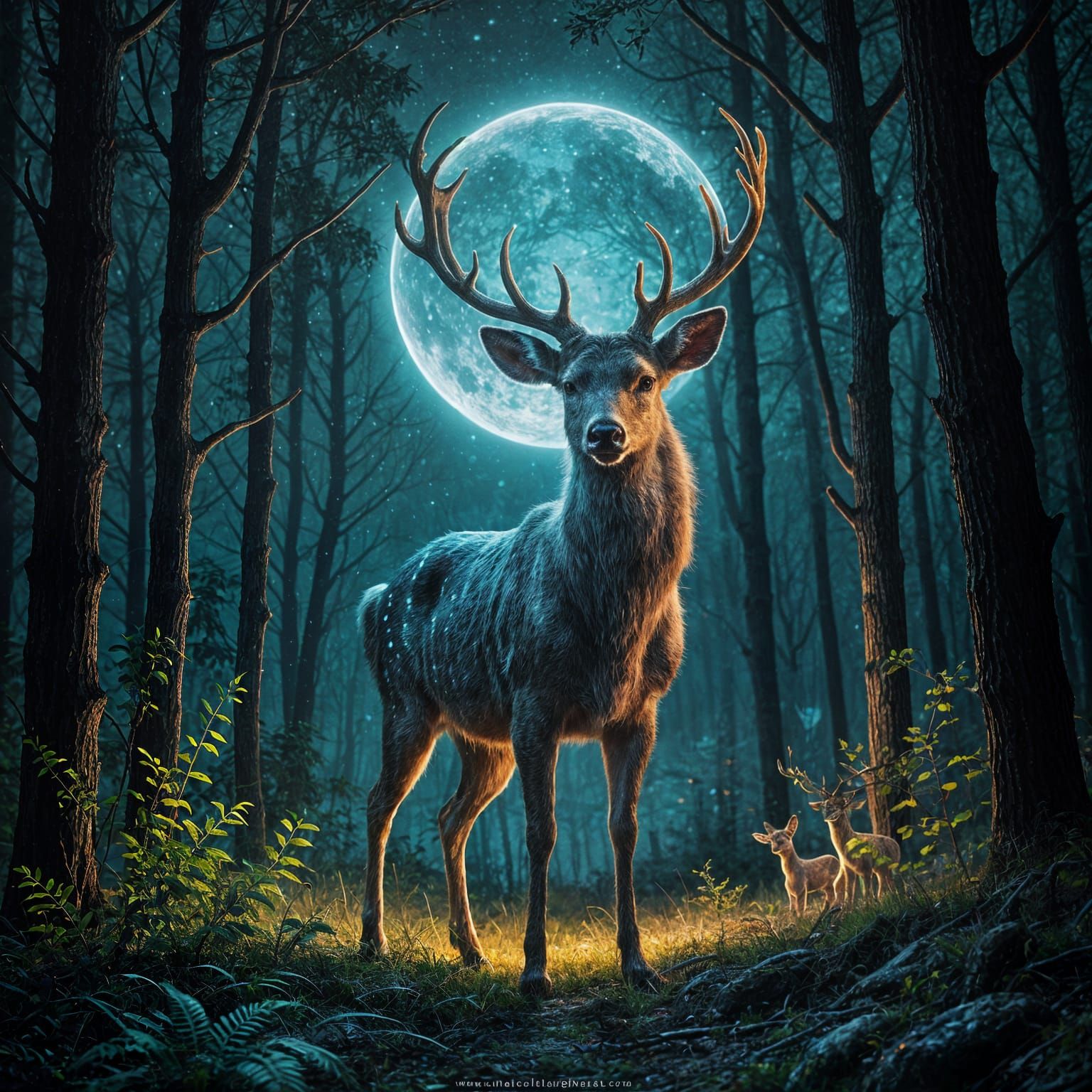 Bioluminescent Deer Illuminates Mystical Forest