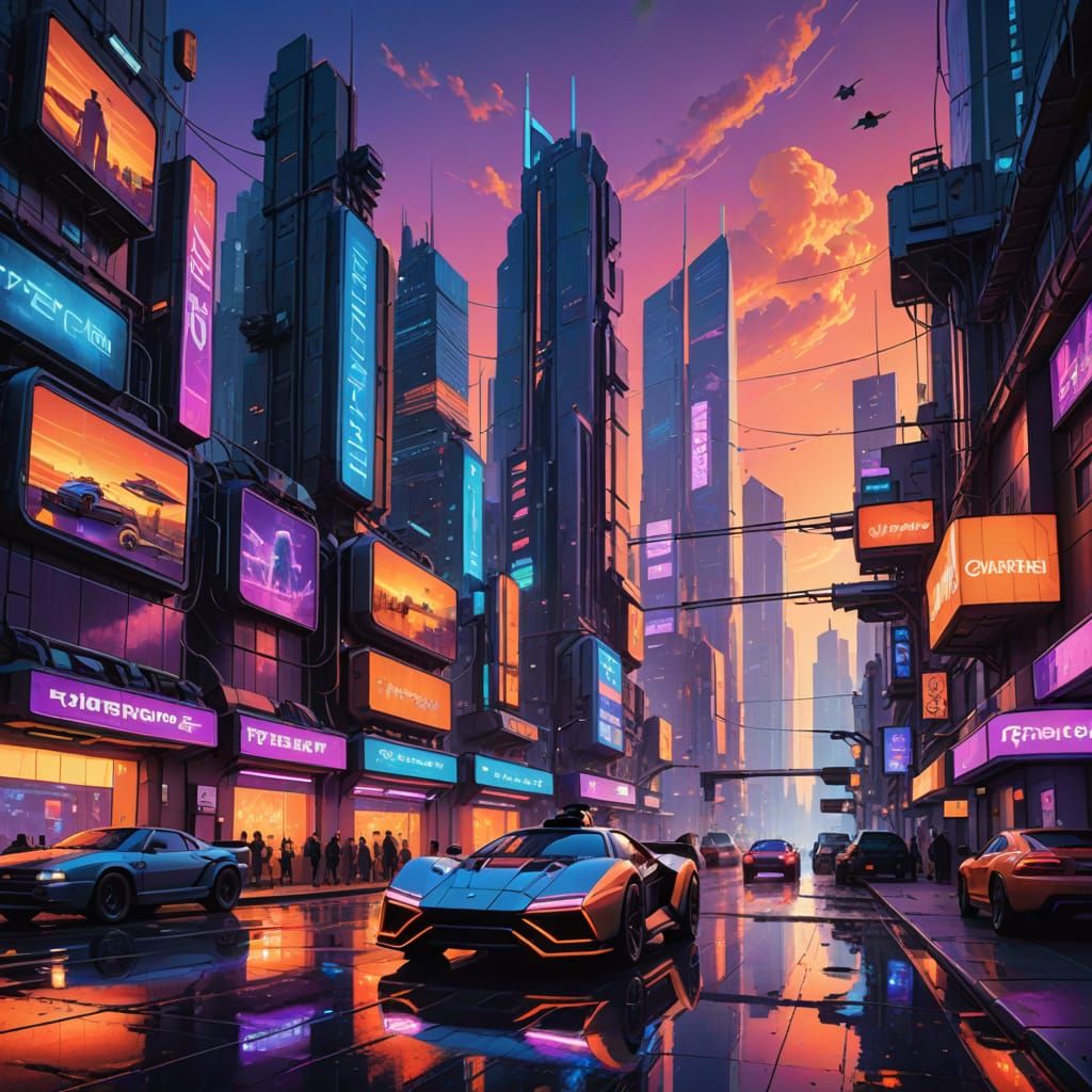 Cyberpunk Cityscape at Sunset with Neon Lights and Flying Ca...