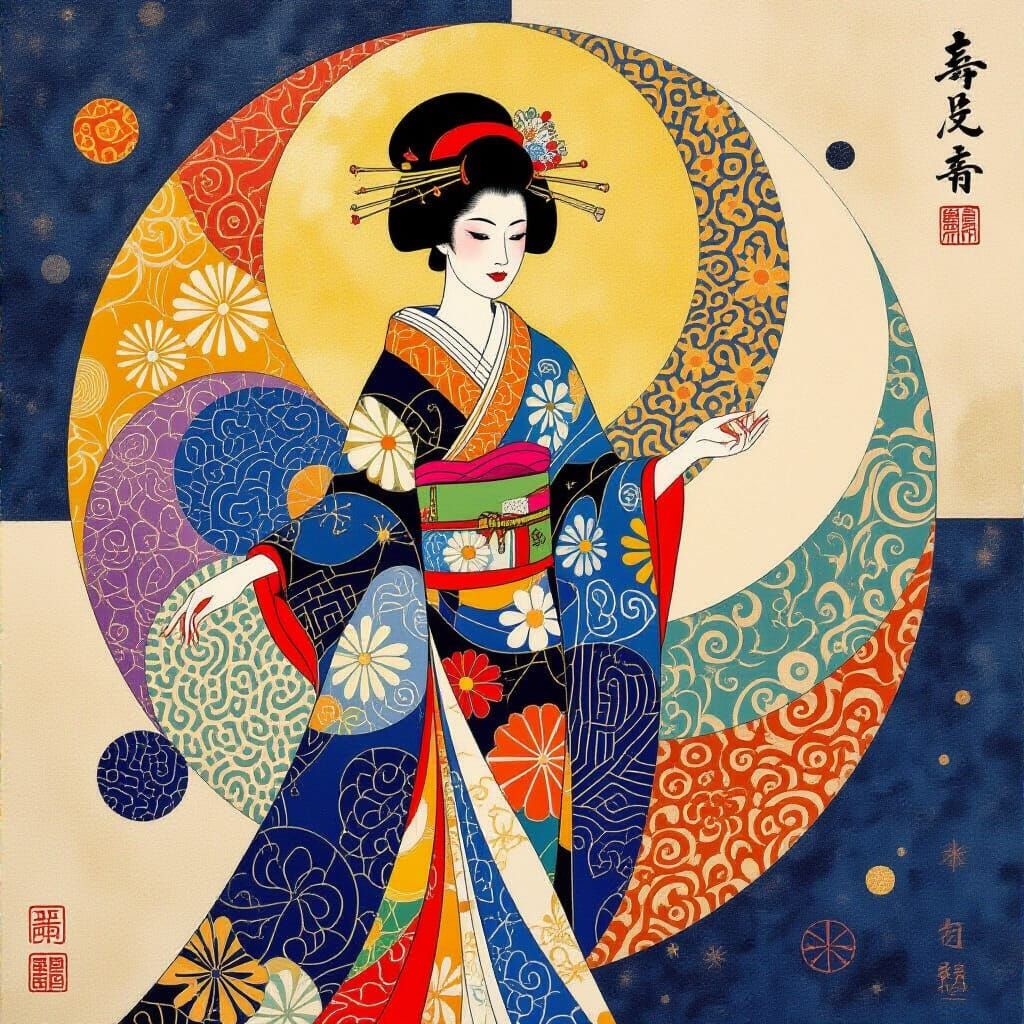 Mystical Lady in Psychedelic Universe, Fluid Ink and Silk Ar...