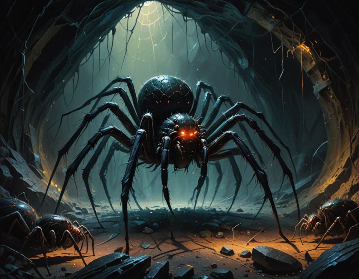 Dark Fantasy Spider in Cave, Cinematic Oil Painting