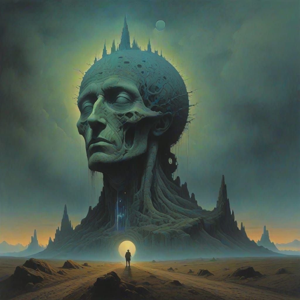 Cosmic Head Landscape in Dark Surrealist Style