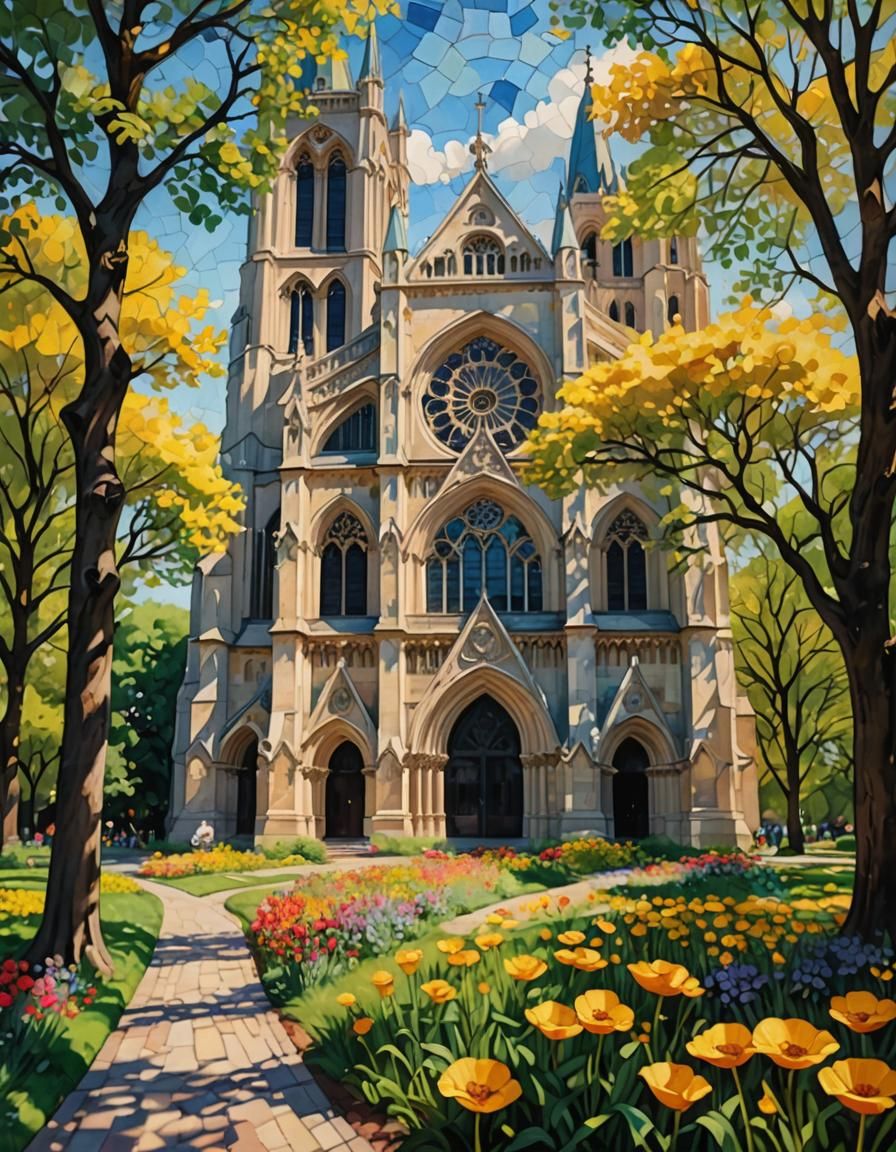 Impressionistic Cathedral with Yellow Buttercup Flower