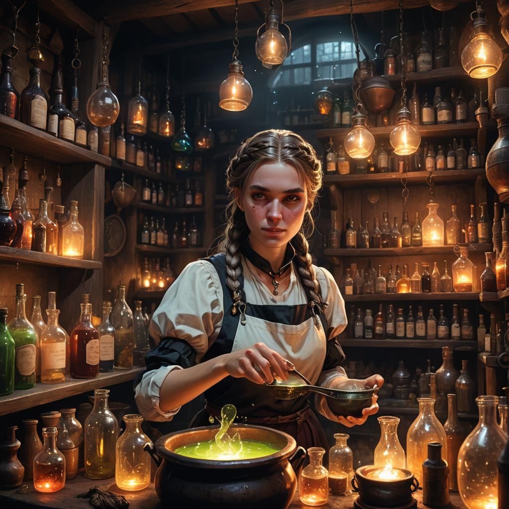 German Witch Brews Potion in Atmospheric Lair