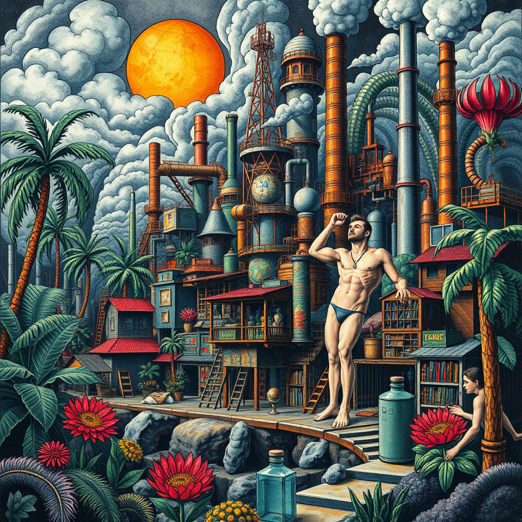 Surreal Tropical Factory Hellscape Gouache Art