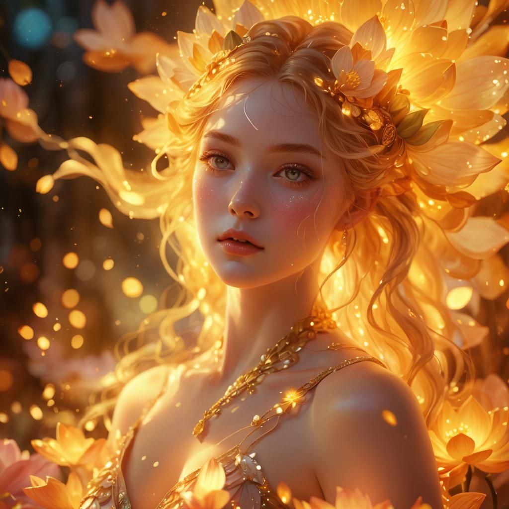 Ethereal Fae Woman in Lotus Gown, Anime Style